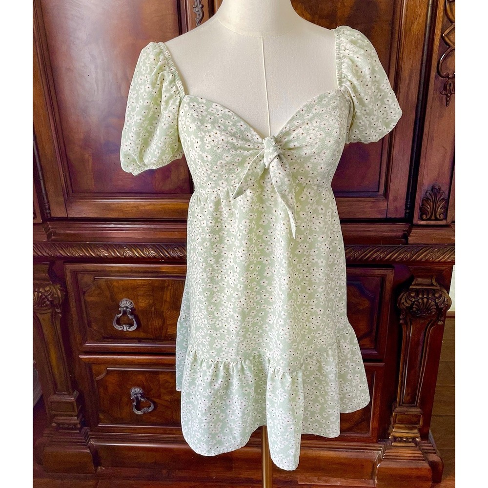 Speechless Sage Green Ditsy Floral Puff Sleeve Milkmaid Mini Dress M Cottagecore